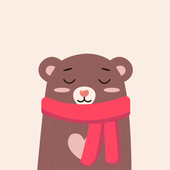 Bear face drawing as vector for baby tee print. Teddy with scarf. Vector illustration for greeting card, kids cards for birthday poster or banner, cartoon invitation. Isolated