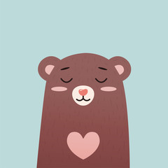 Bear face drawing as vector for baby tee print. Teddy with heart. Vector illustration for greeting card, kids cards for birthday poster or banner, cartoon invitation. Isolated