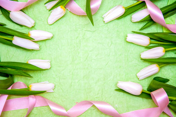 White tulips on a light green background with a pink ribbon, copy space