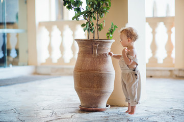 A side view of small toddler girl standing on tiptoes on summer holiday by a flower pot.