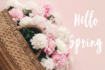 Hello Spring text sign on stylish straw rustic bag with white and pink peonies on pastel pink...