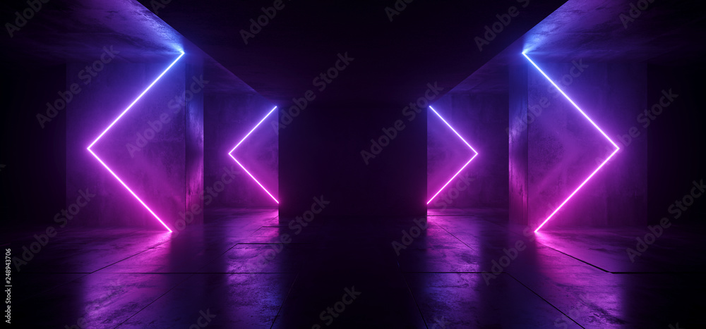 Wall mural sci fi arrows shaped neon cyber futuristic modern retro alien dance club glowing purple pink blue li - Wall murals