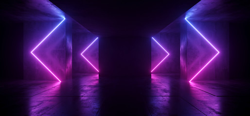 Sci Fi Arrows Shaped Neon Cyber Futuristic Modern Retro Alien Dance Club Glowing Purple Pink Blue Lights In Dark Empty Grunge Concrete Reflective Room Corridor Background 3D Rendering © IM_VISUALS