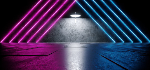 Neon Triangle Shaped Sci Fi Modern Futuristic Alien Purple Pink Blue Glowing Laser Led Lights Empty Space Background Grunge Reflective Concrete Tiles 3D Rendering
