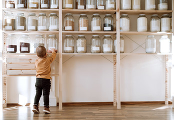 A rear view of small toddler boy standing by shelf with glass jars in zero waste shop.