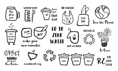 Hand drawn doodle elements of zero waste lifestyle. Eco style illustration set