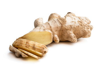 Fresh sliced ginger isolated on white background