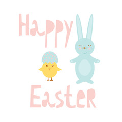 Happy Easter greeting card template with bunny and chick, design vector illustration in flat style.