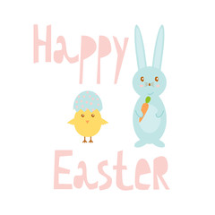 Happy Easter greeting card template with bunny and chick, design vector illustration in flat style.