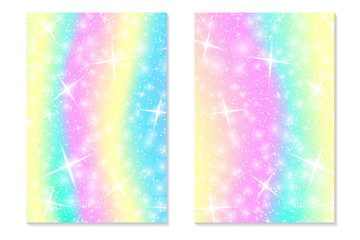 Unicorn rainbow background. Holographic sky in pastel color. Bright hologram mermaid pattern in princess colors. Vector illustration. Unicorn Fantasy gradient colorful rainbow backdrop.