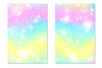 Unicorn rainbow background. Holographic sky in pastel color. Bright hologram mermaid pattern in princess colors. Vector illustration. Unicorn Fantasy gradient colorful rainbow backdrop.