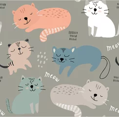 Gardinen nahtloses Muster mit süßen Katzen. Vektor-Illustration für Textilien, Stoff. © neapol