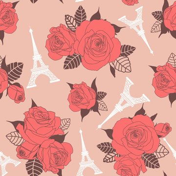 Seamless pattern. Roses and Eiffel tower. Design for wallpaper,fabric, textile, wrapping