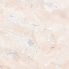 Luxury copper gold and white metal paint splatter effect on watercolor paper background. Creamy gold glitter splash texture. Beautiful feminine backdrop.