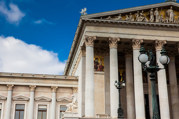The historical Austrian Parliament Building completed in 1883 and located on the Ringstrabe boulevard in the first district of Vienna