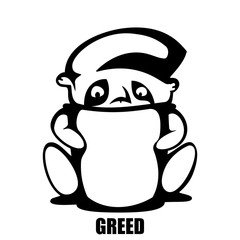 greed. hand drawn vector monochrome outline cartoon character illustration with white background