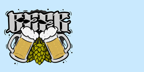 Beer Related Hand Drawn Design With Hops And Mugs Of Beer  Illustration With An Area For Text Vector Graphic