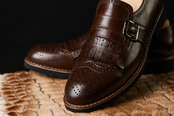 Close-up of elegant mens brown shoes. Men's fashion shoes