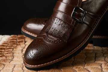 Close-up of elegant mens brown shoes. Men's fashion shoes