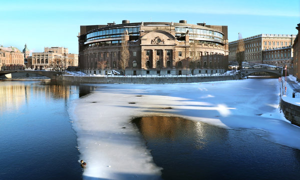 Swedish government building in Stockholm, Sweden during Winter.