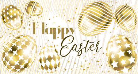 Happy Easter banner with golden eggs and confetti on the white background