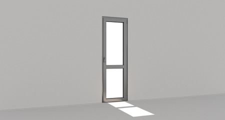 Grey door. Metall door. Metallic. White wall. 3d. 3D render.