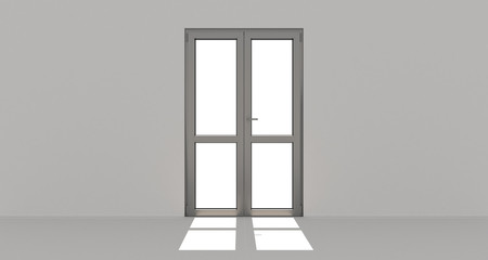 Grey door. Metall door. Metallic. White wall. 3d. 3D render.