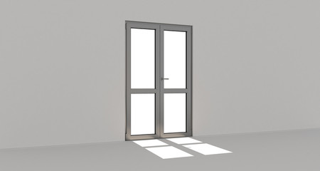 Grey door. Metall door. Metallic. White wall. 3d. 3D render.