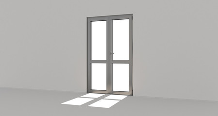 Grey door. Metall door. Metallic. White wall. 3d. 3D render.