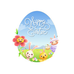 Fototapeta na wymiar Easter greeting card - lamb bunny chicken and flower peeking behind egg shape hole