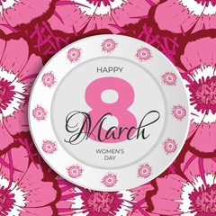 Happy women's Day greeting card with number eight and white plate mockup on pink flower seamless pattern background. 8 March lettering calligraphy for design banner international woman holiday