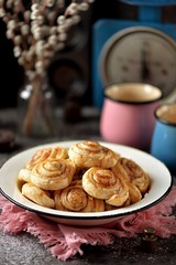 Delicious homemade puff pastry cookies with sugar and cinnamon.
