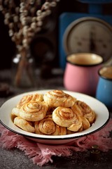 Delicious homemade puff pastry cookies with sugar and cinnamon.