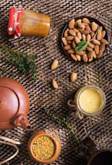 flat lay still life with honey and  nuts
