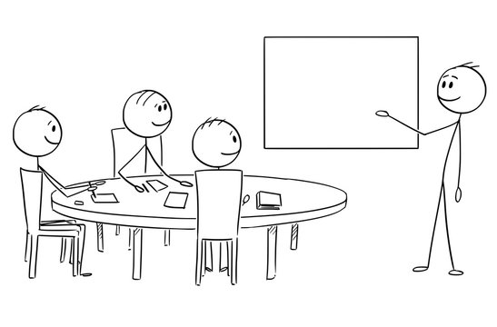 Cartoon stick figure drawing conceptual illustration of businessman presenting success on empty table on business or work meeting.