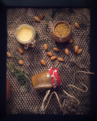 flat lay still life with honey and pollen and nuts