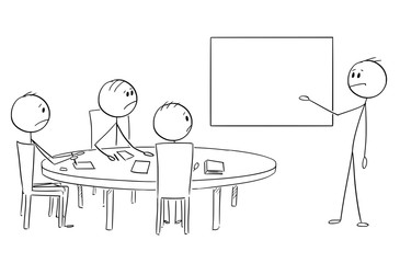Cartoon stick figure drawing conceptual illustration of businessman presenting failure on empty table on business or work meeting.