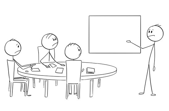 Cartoon stick figure drawing conceptual illustration of businessman presenting failure on empty table on business or work meeting.