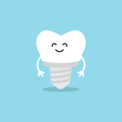 Funny cartoon tooth with implant on the blue background