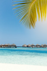 beach with water bungalows at maldivian island
