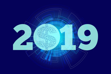 Year 2019 Digital money with blue technology graphic background