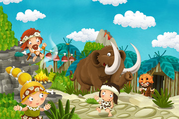 cartoon caveman village scene with mammoth and volcano in the background - stone age - illustration for children