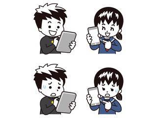 タブレットとスマートフォンを使う中高生の男女