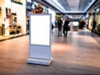 Obraz premium Digital media blank black and white screen modern panel, signboard for advertisement design in a shopping centre, gallery. Mockup, mock-up, mock up with blurred background, digital kiosk.