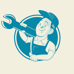 funny company sign with happy craftsman holding a wrench