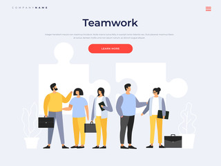 Landing page template. Teamwork. Meeting business people. The team young businessmen discusses discussing new projects. Solution of business problems. Vector flat illustration.