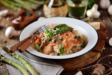 Italian risotto with shrimps, mushrooms, asparagus and parmesan. Healthy food.
