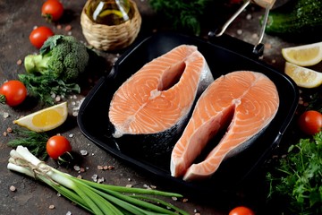 Two raw salmon steaks in a grill pan.