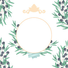 Naklejka premium Wedding Invitation, floral invite card, olive floral and magnolia geometric golden circle frame print. White background.