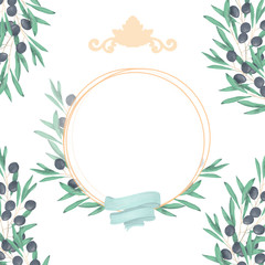 Fototapeta na wymiar Wedding Invitation, floral invite card, olive floral and magnolia geometric golden circle frame print. White background.